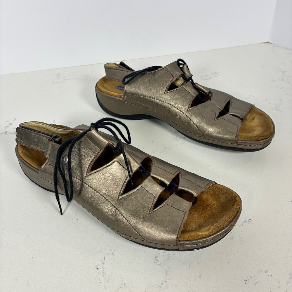 Wolky Sandals 41 Leather Lace Up Slingback Comfort Wedge Metallic Lagenlook Boho